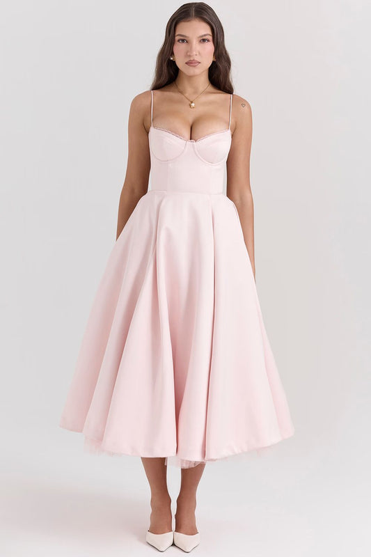 Daisy | Structured Bodice Luxurious Satin Corset Midi Dress