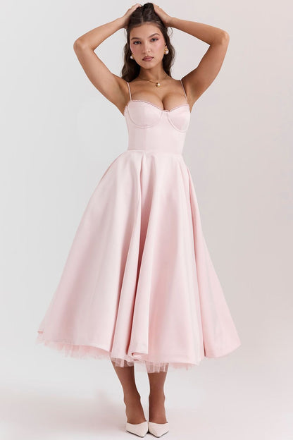 Daisy | Structured Bodice Luxurious Satin Corset Midi Dress