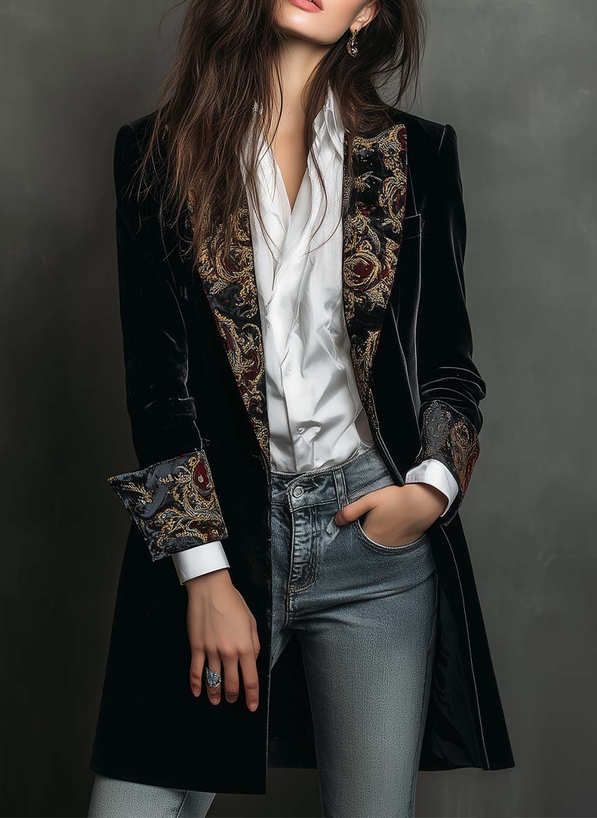 Valentina | Baroque Print Lapel Slim Fit Blazer