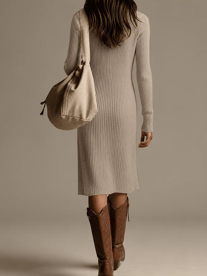 Valentina | Ribbed Knit High Neck Button Midi Dress
