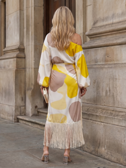 Vanessa | Abstract Print Fringe Hem Midi Dress