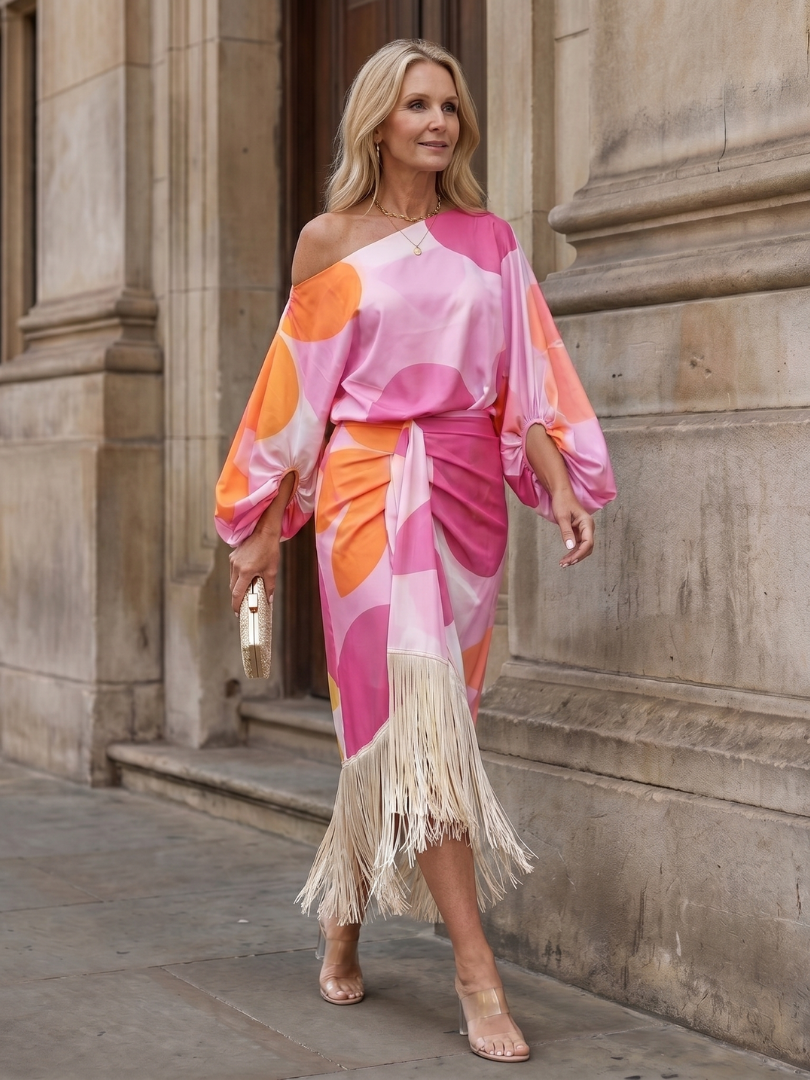 Vanessa | Abstract Print Fringe Hem Midi Dress