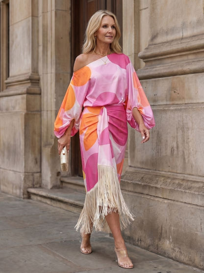 Vanessa | Abstract Print Fringe Hem Midi Dress