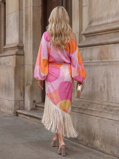 Vanessa | Abstract Print Fringe Hem Midi Dress