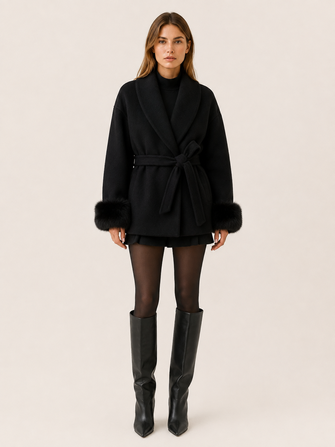 Moria | Faux Fur Shawl Collar Trim Wrap Coat