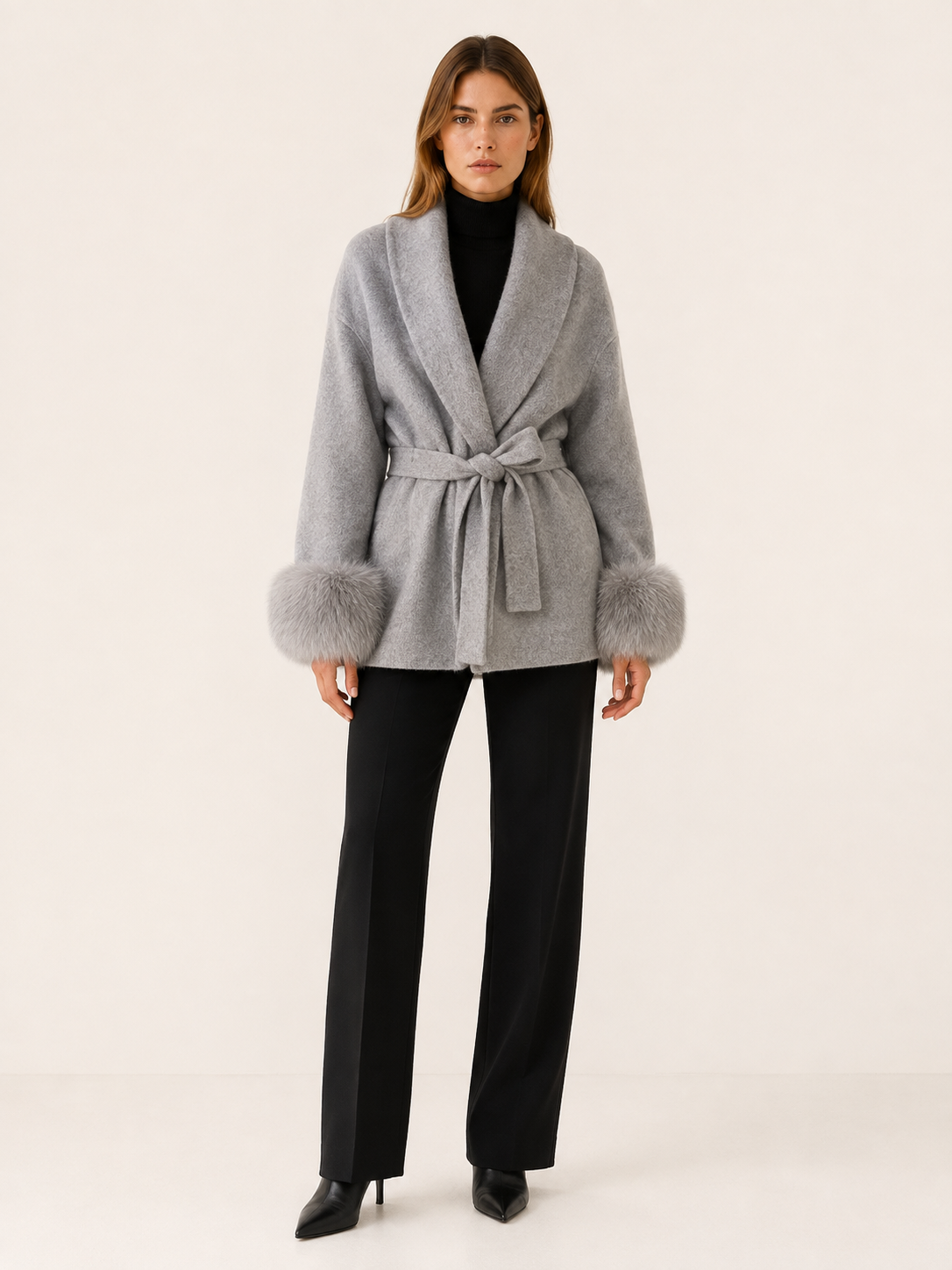 Moria | Faux Fur Shawl Collar Trim Wrap Coat