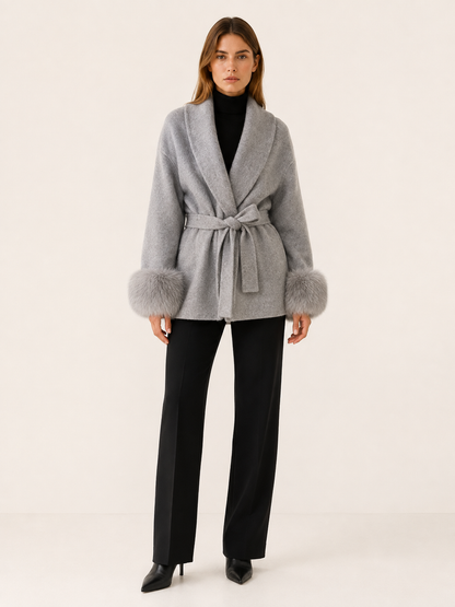 Moria | Faux Fur Shawl Collar Trim Wrap Coat