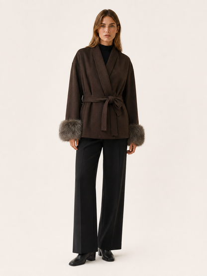 Moria | Faux Fur Shawl Collar Trim Wrap Coat