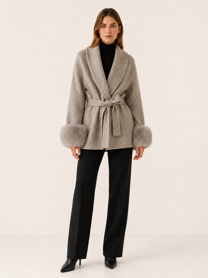 Moria | Faux Fur Shawl Collar Trim Wrap Coat
