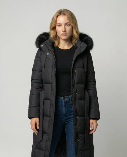 Victoria | Faux Fur Hooded Belted Longline Puffer Coat
