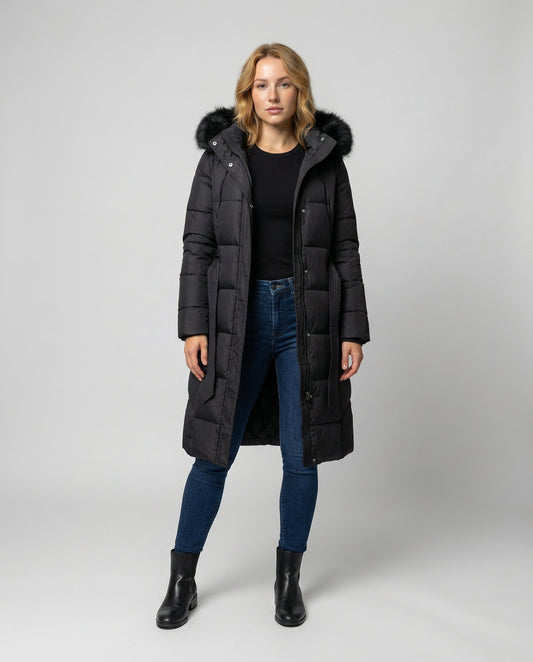 Victoria | Faux Fur Hooded Belted Longline Puffer Coat