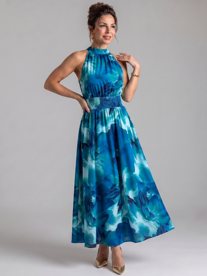Violet | Gathered Waist Abstract Print Midi Dress