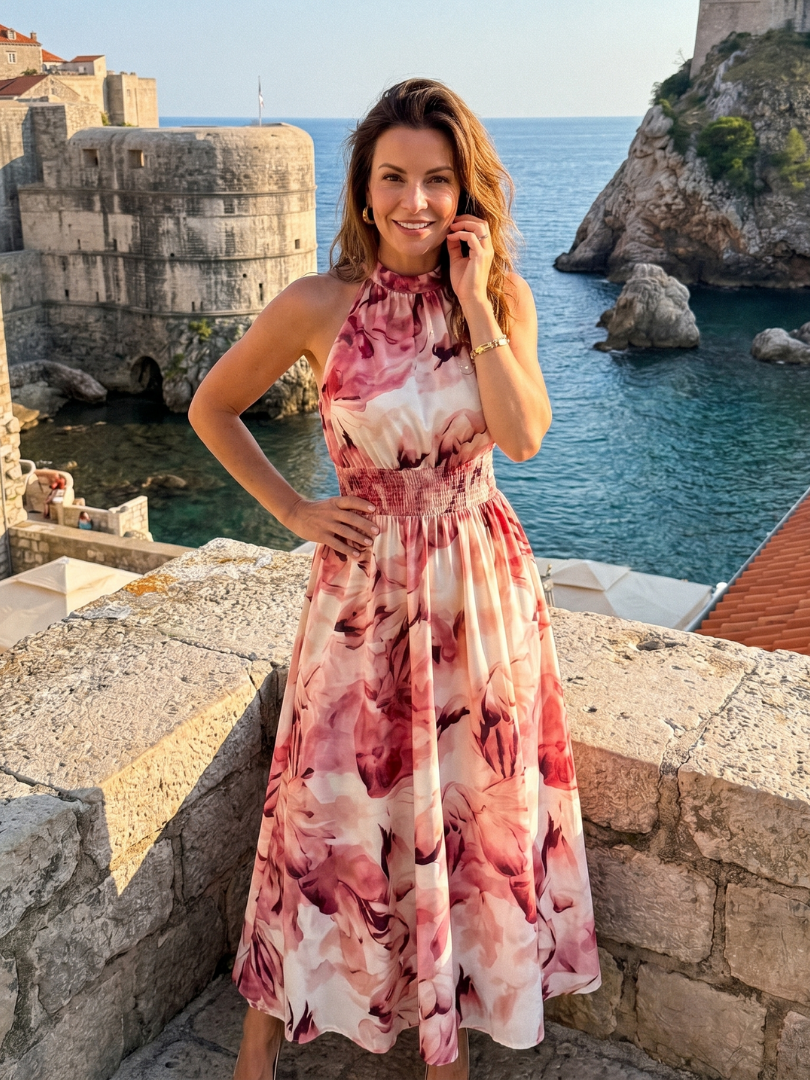 Violet | Gathered Waist Abstract Print Midi Dress