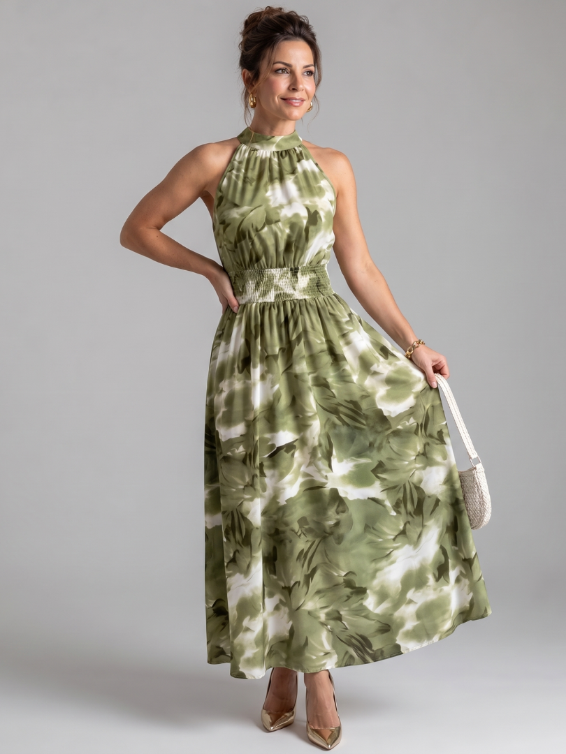 Violet | Gathered Waist Abstract Print Midi Dress