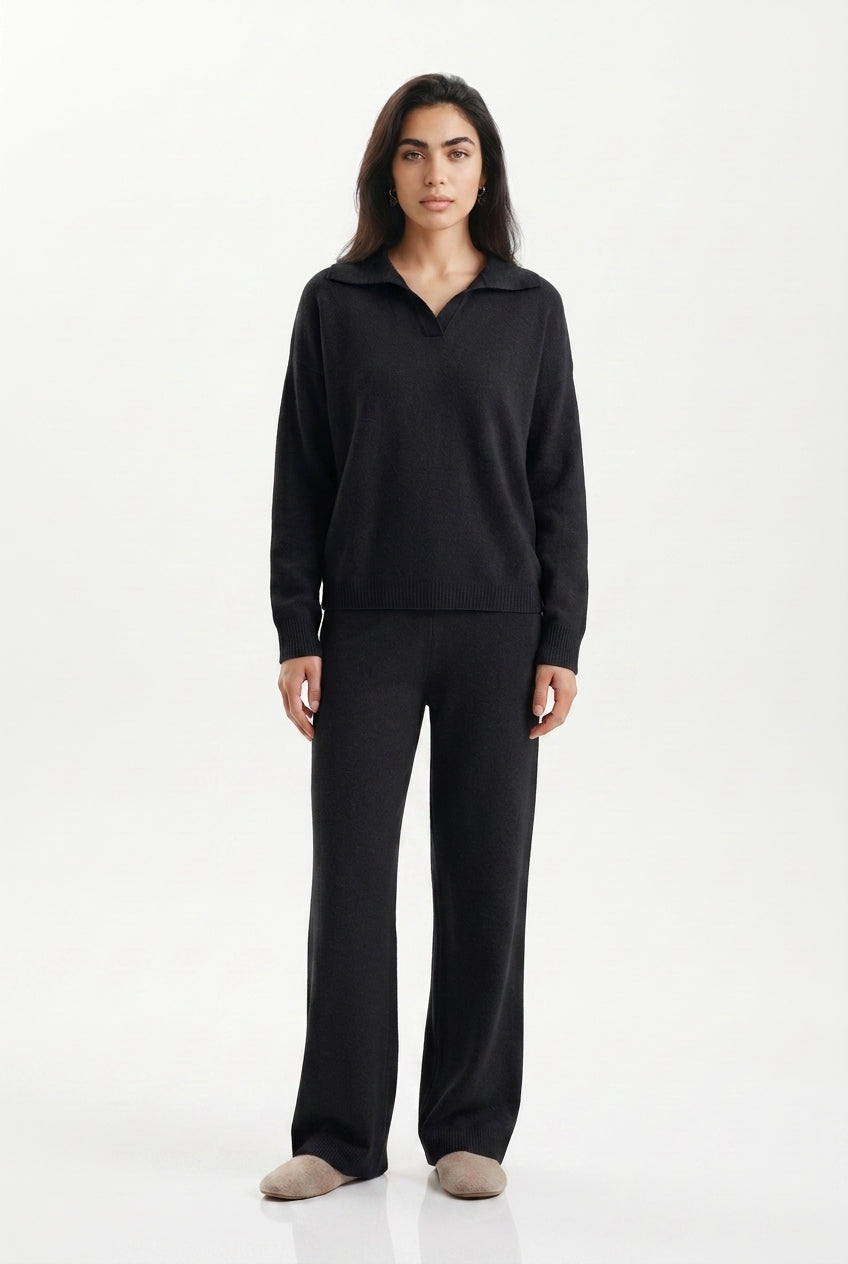 Vivian | Zestaw z kołnierzykiem polo i spodniami z szerokimi nogawkami