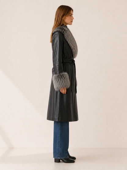 Vivin | Faux Fur Belted Leather Long Coat