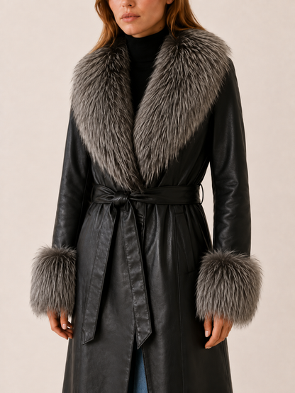 Vivin | Faux Fur Belted Leather Long Coat