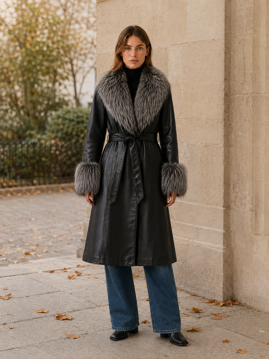 Vivin | Faux Fur Belted Leather Long Coat