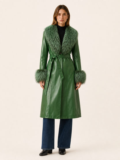 Vivin | Faux Fur Belted Leather Long Coat