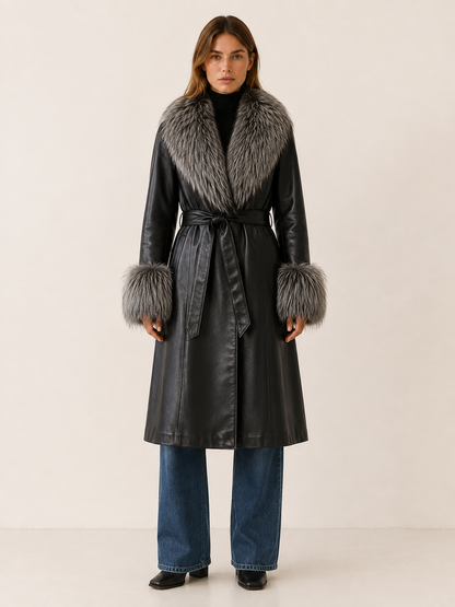 Vivin | Faux Fur Belted Leather Long Coat