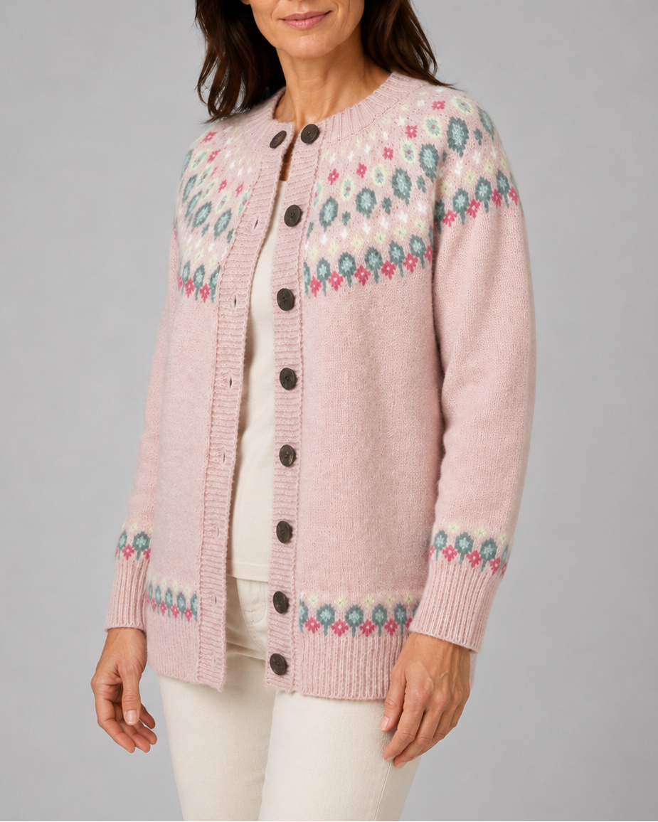 Tina | Fair Isle Floral Yoke Button Front Cardigan