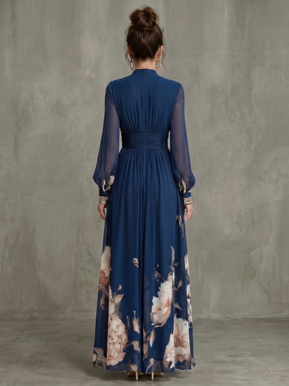 Ziva | Pleated Sheer Sleeves Maxi Dress