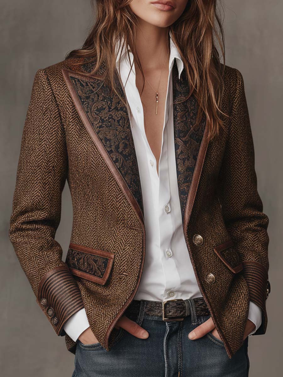 Genevieve | Herringbone Paisley Lapel Tailored Blazer