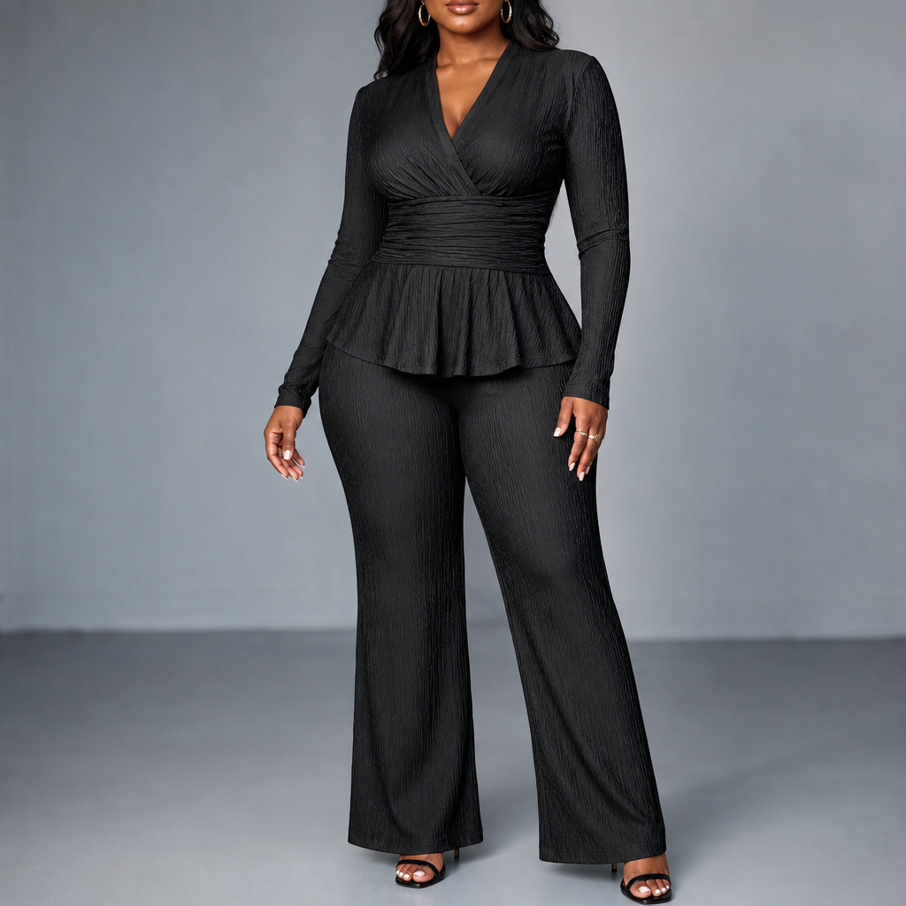 Molly | Pleated Waist Flared Leg Top & Trousers Set