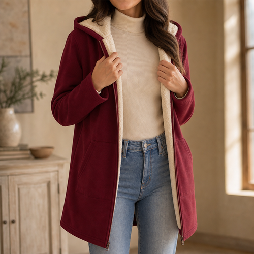 Rebecca | Faux Fleece Lined Hooded Mid Length Jacket