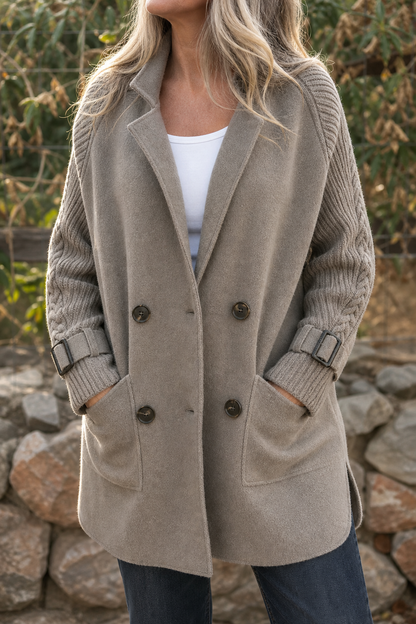 Celestine | Cable-Knit Sleeve Double-Breasted Longline Coat