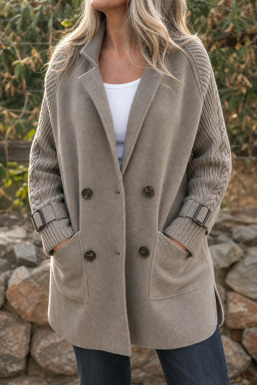 Celestine | Cable-Knit Sleeve Double-Breasted Longline Coat
