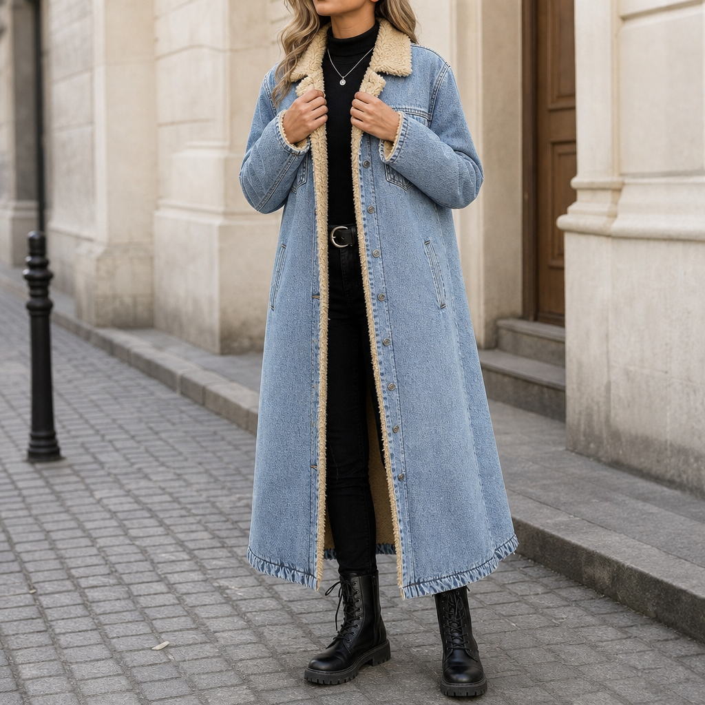 Amy | Sherpa Lined Full Length Denim Coat