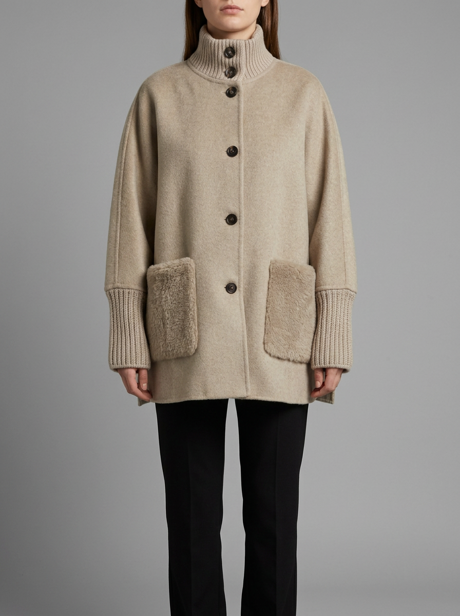 Evelyn | High Neck Knit Cuff Faux Fur Pocket Coat