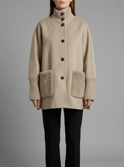 Evelyn | High Neck Knit Cuff Faux Fur Pocket Coat