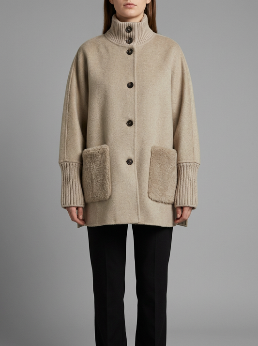 Evelyn | High Neck Knit Cuff Faux Fur Pocket Coat