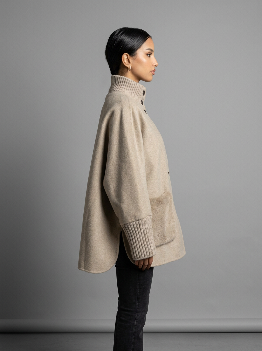 Evelyn | High Neck Knit Cuff Faux Fur Pocket Coat