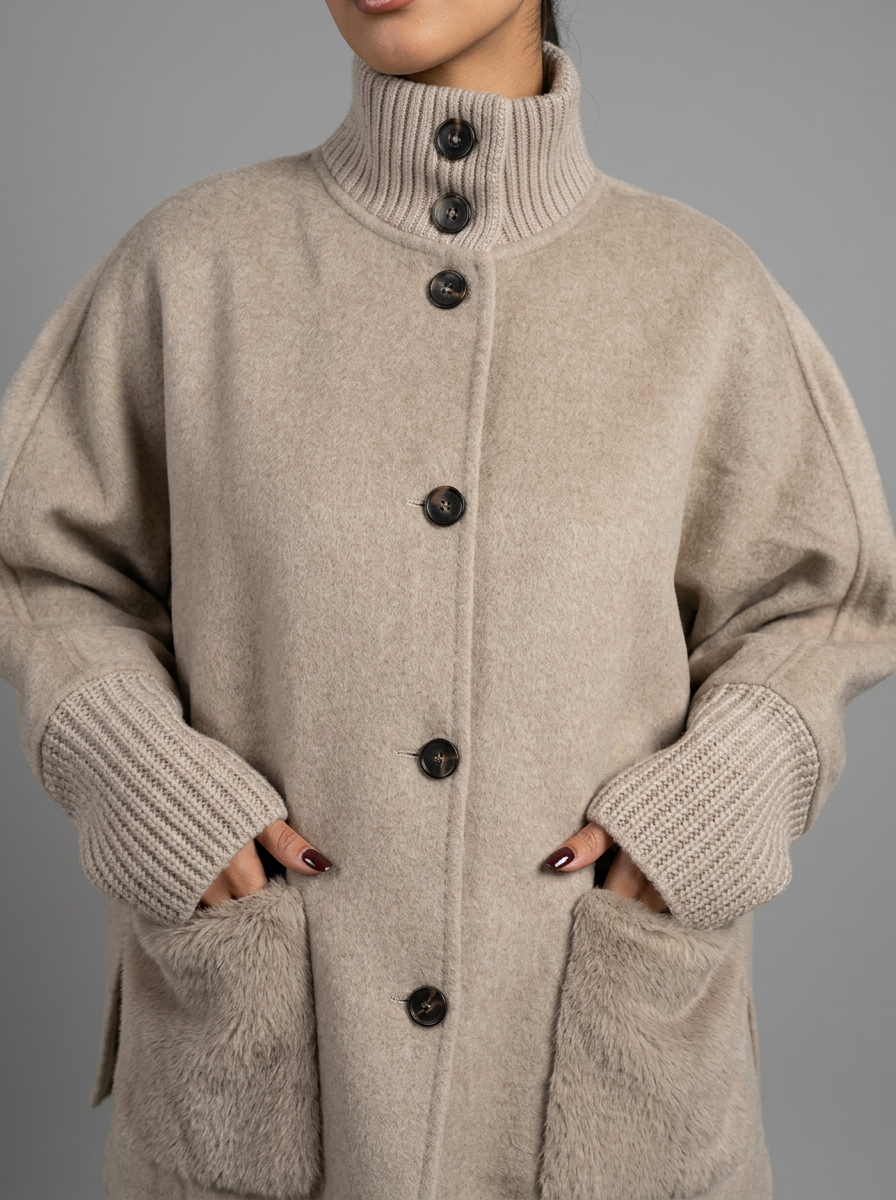Evelyn | High Neck Knit Cuff Faux Fur Pocket Coat