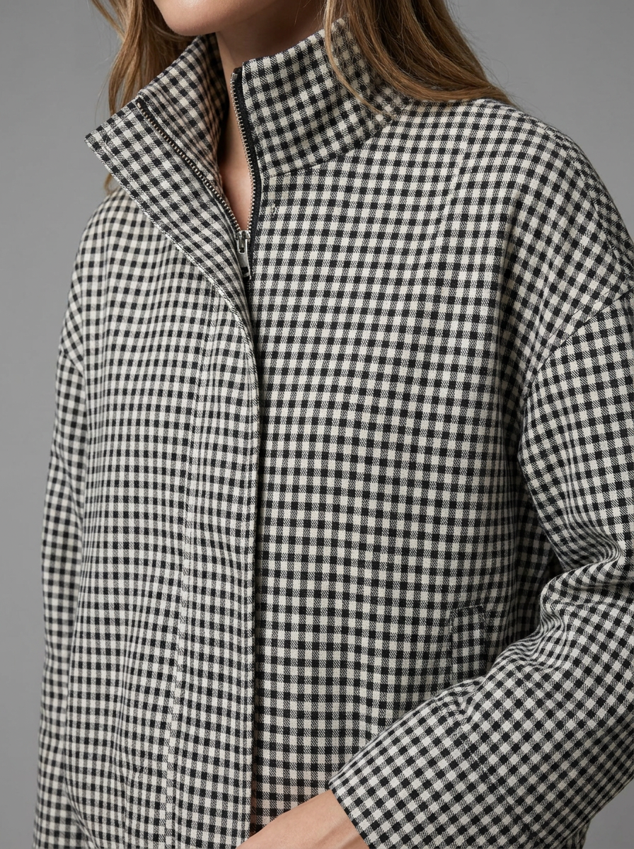 Sophie | High Neck Gingham Zip Up Jacket