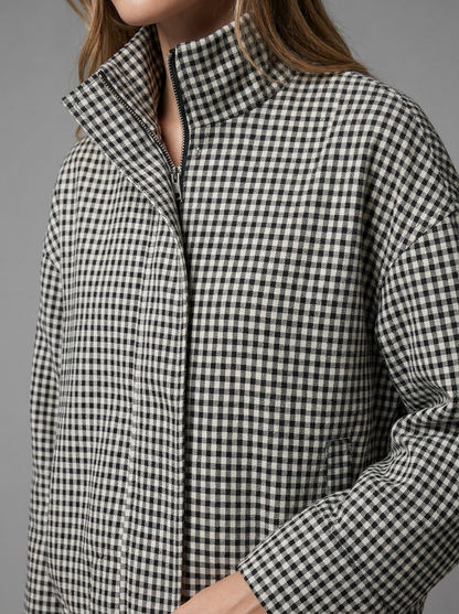Sophie | High Neck Gingham Zip Up Jacket