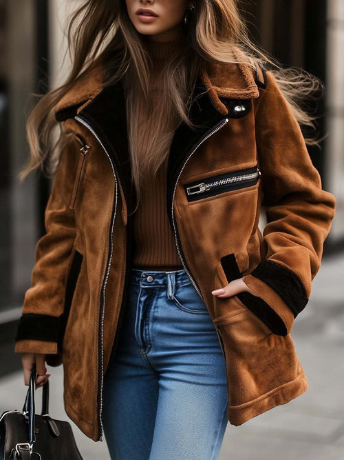 Alessia | Shearling Trim Suede Aviator Jacket
