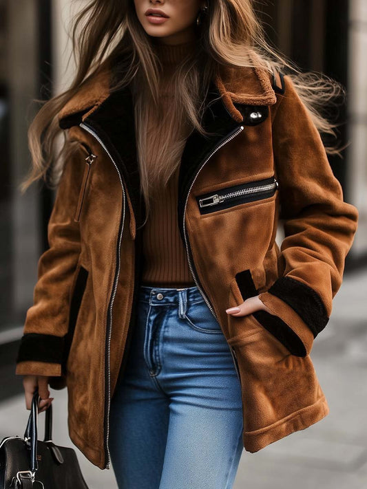 Alessia | Shearling Trim Suede Aviator Jacket