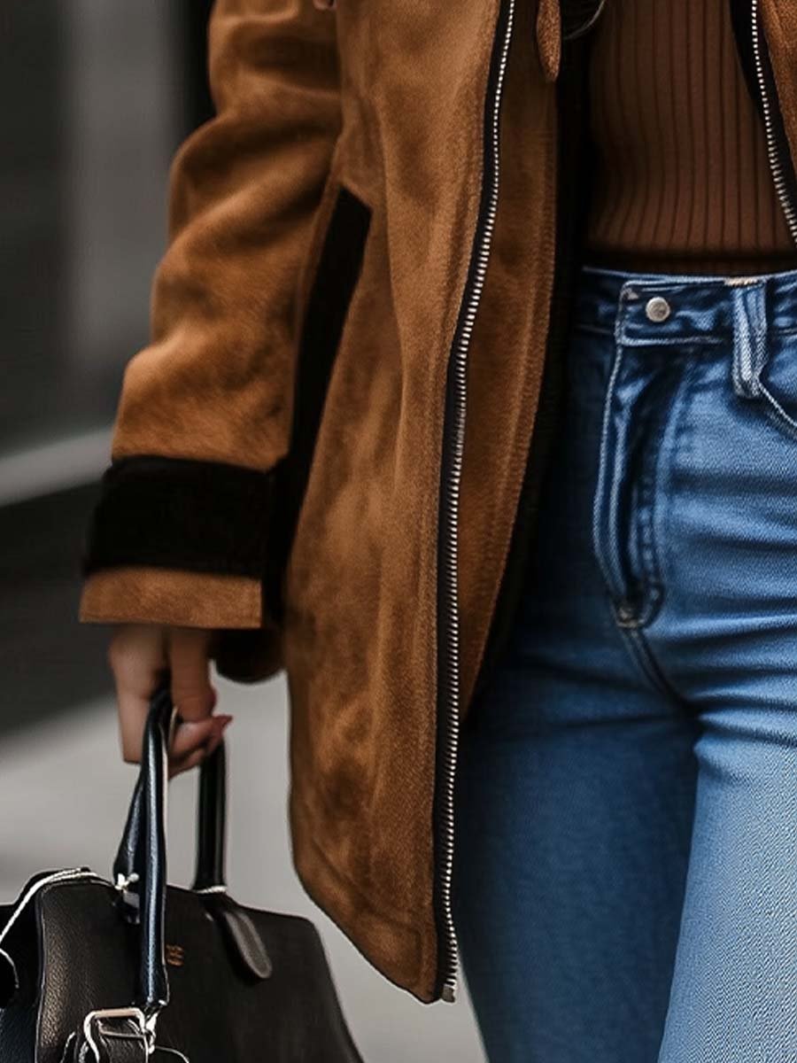 Alessia | Shearling Trim Suede Aviator Jacket