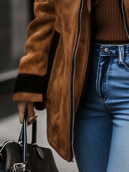 Alessia | Shearling Trim Suede Aviator Jacket