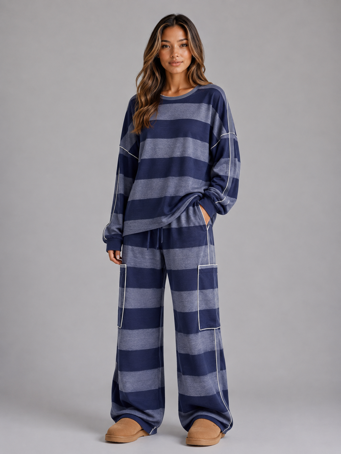 Simona | Oversized Striped Sweatshirt Wide Leg Trouser Set