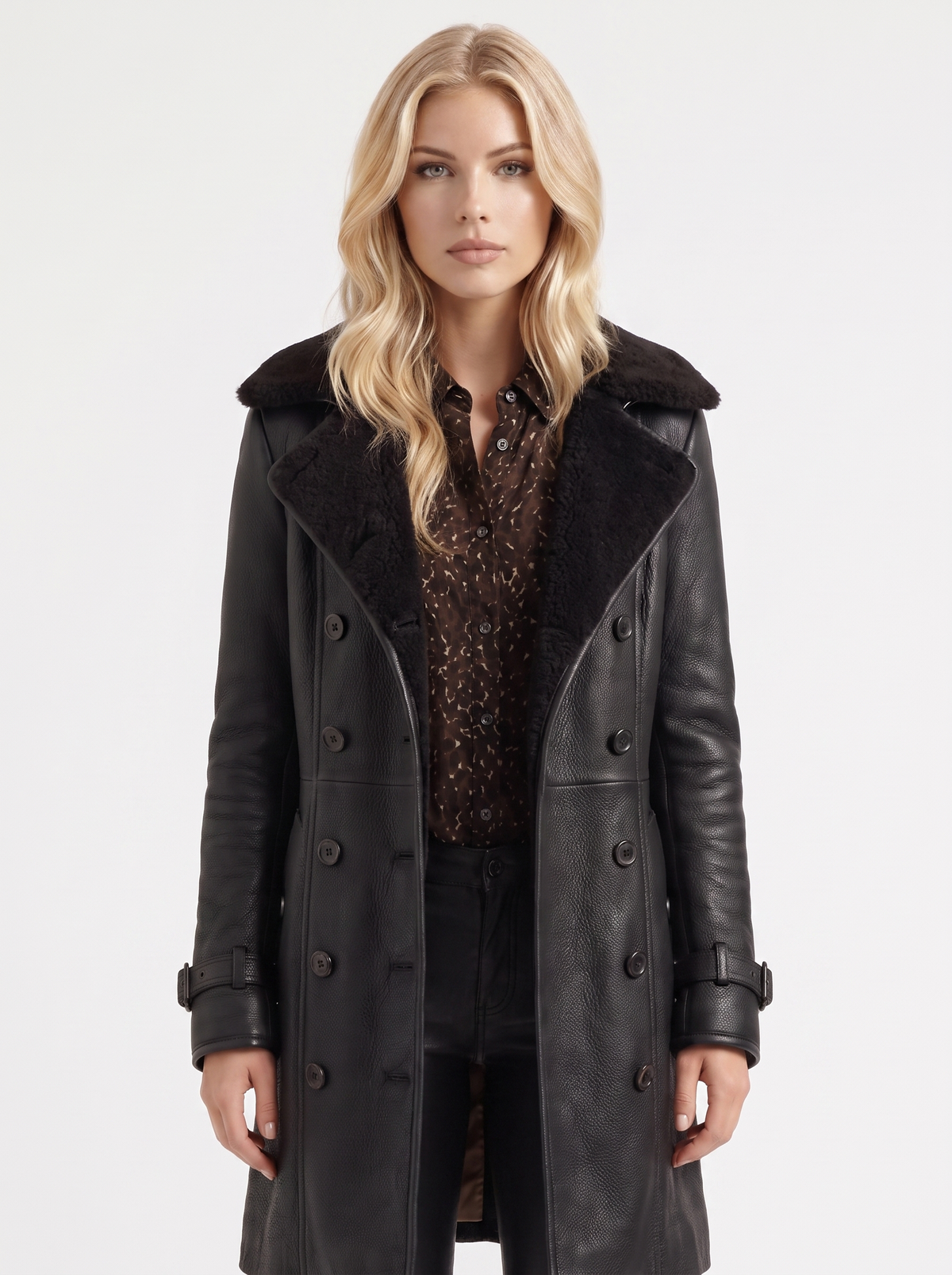 Nellie | Faux Leather Shearling Collar Coat