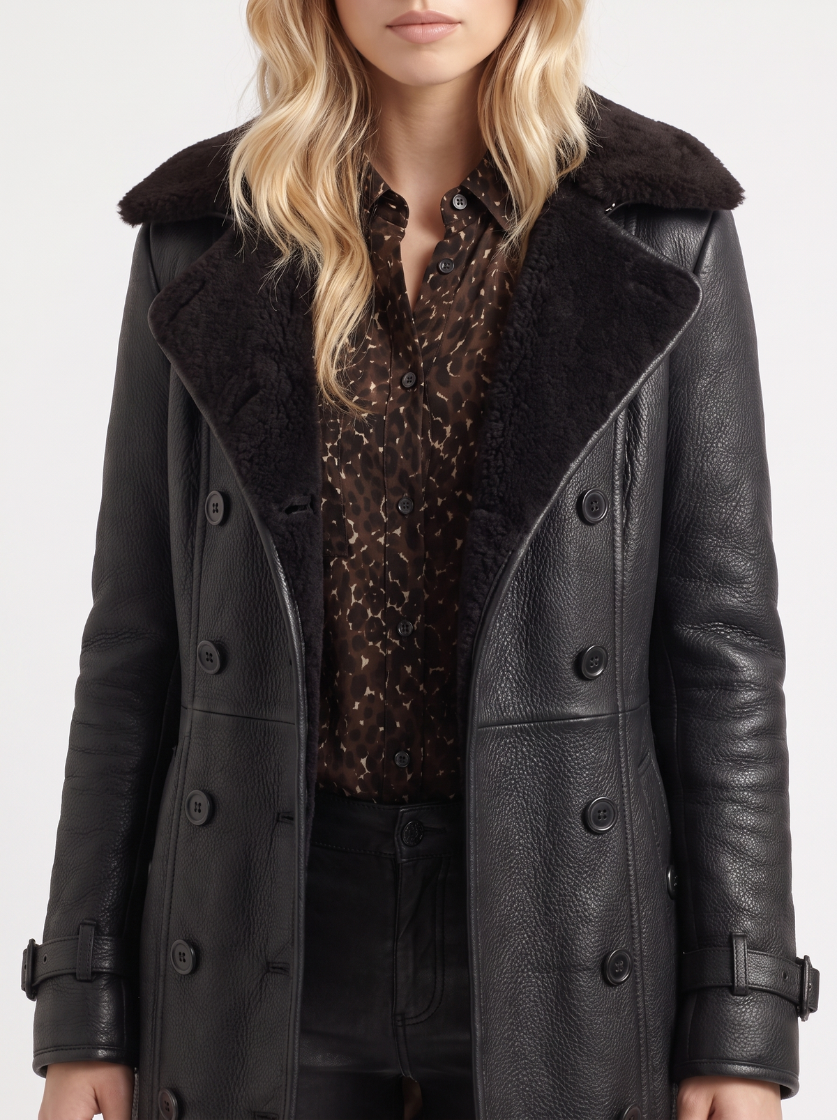 Nellie | Faux Leather Shearling Collar Coat