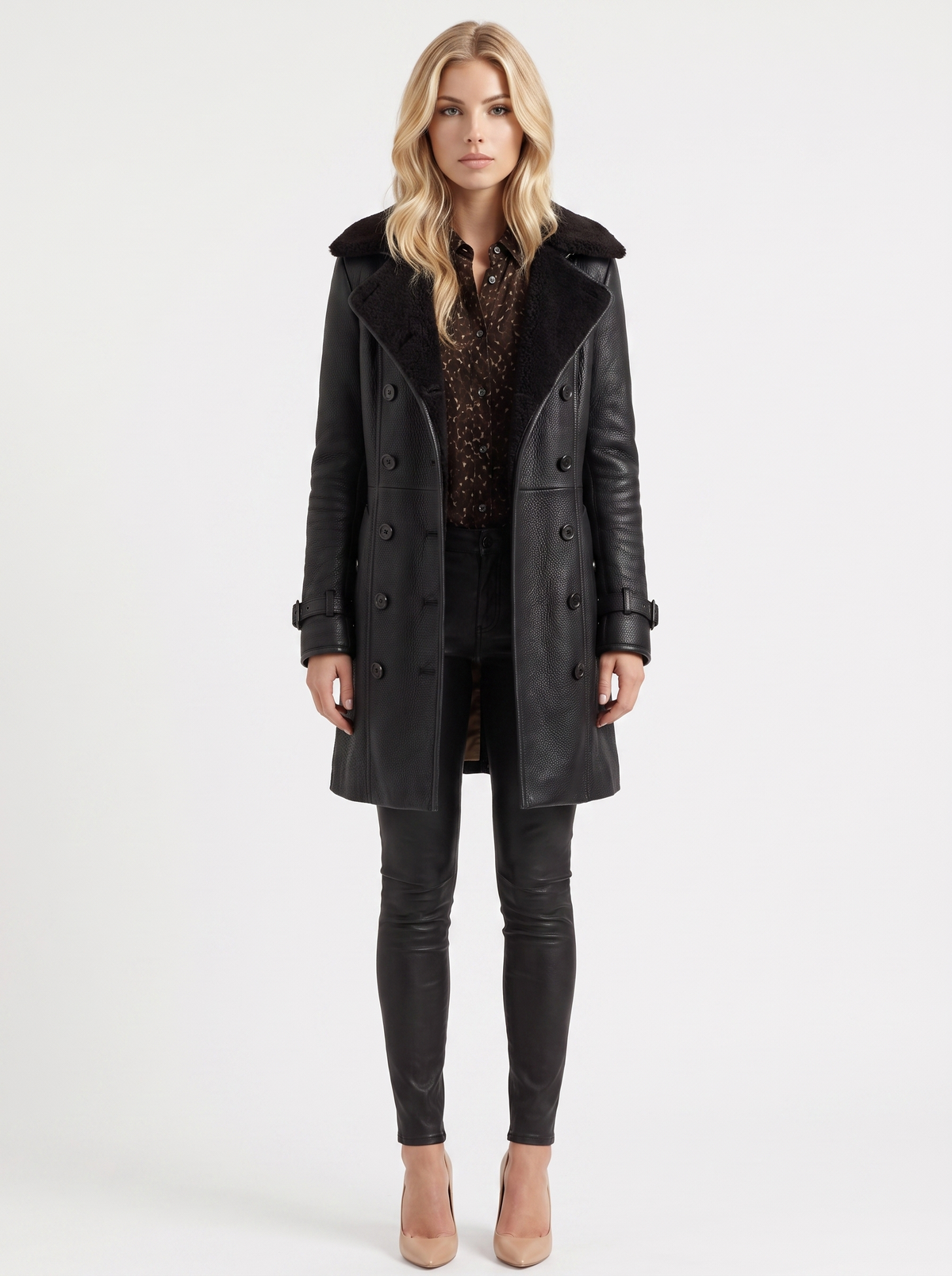 Nellie | Faux Leather Shearling Collar Coat