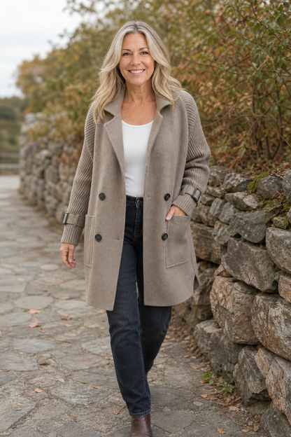Celestine | Cable-Knit Sleeve Double-Breasted Longline Coat