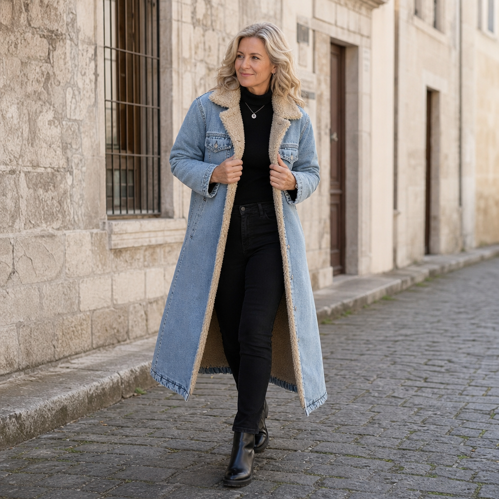 Amy | Sherpa Lined Full Length Denim Coat