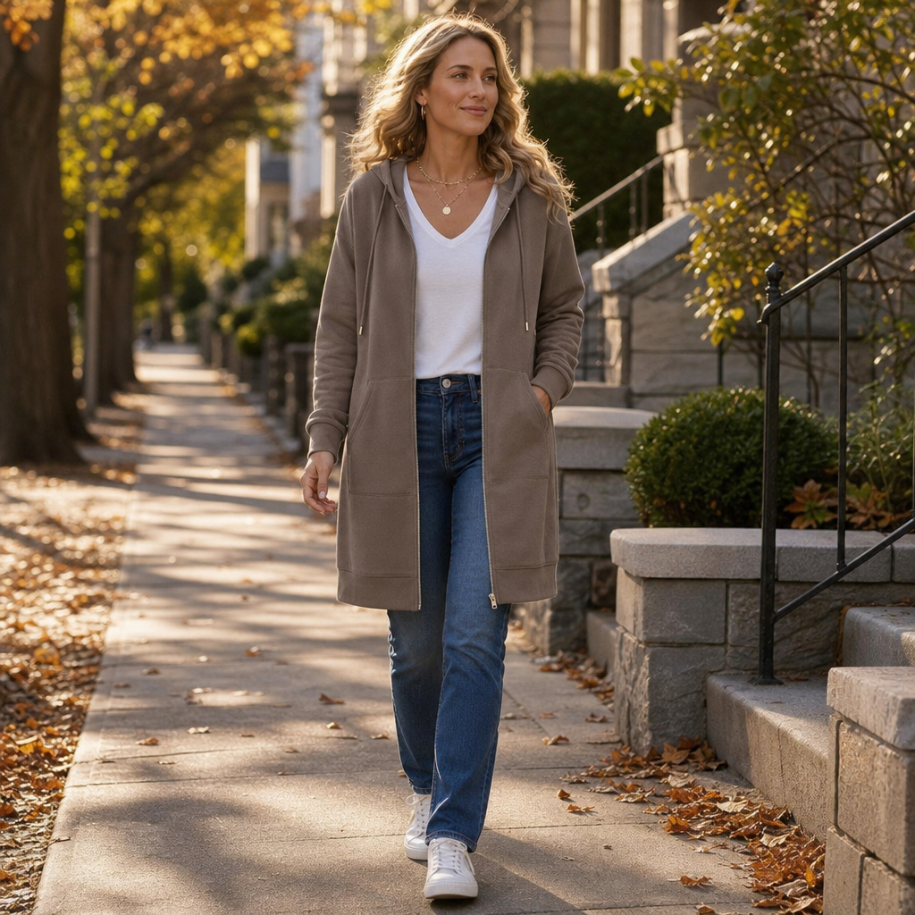 Jessica | Zip Front Hooded Mid Length Knit Cardigan